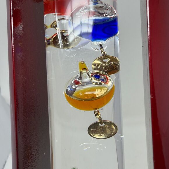 Galileo Glass Thermometer In Wood Frame 5 Colored Glass Spheres 11" Tall - Picture 5 of 8
